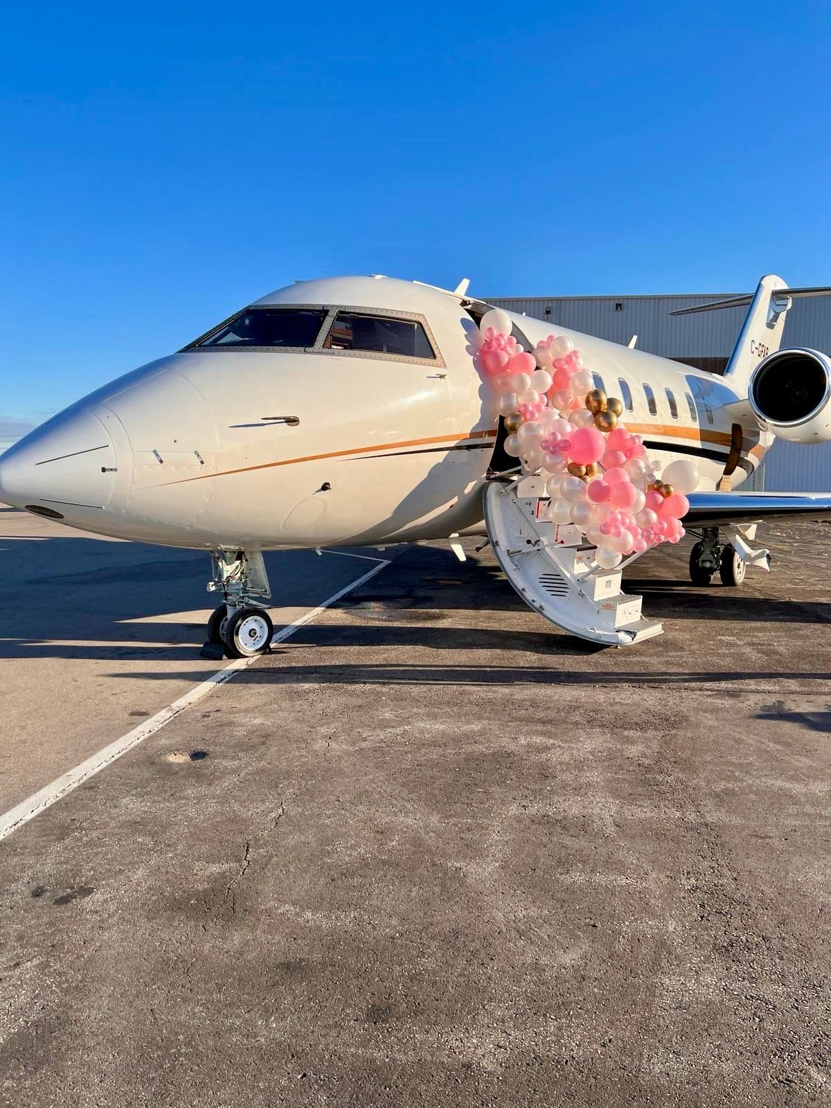 A private jet with pink balloons on the side is parked on the tarmac.
