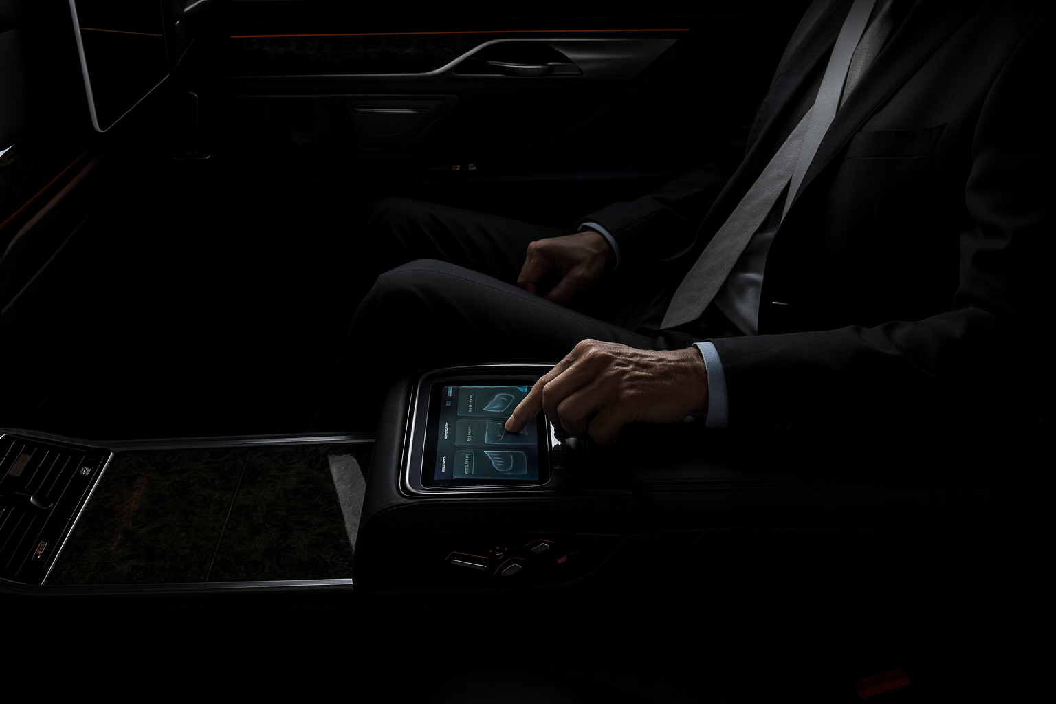 A bottle of champagne sits on a table in the back seat of a car