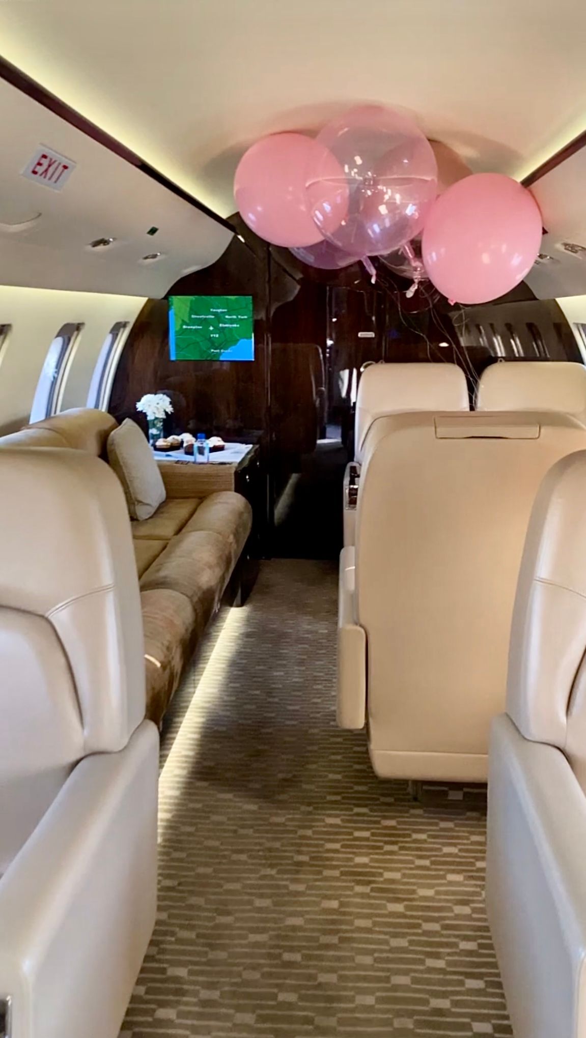 The inside of a private jet with pink balloons hanging from the ceiling.