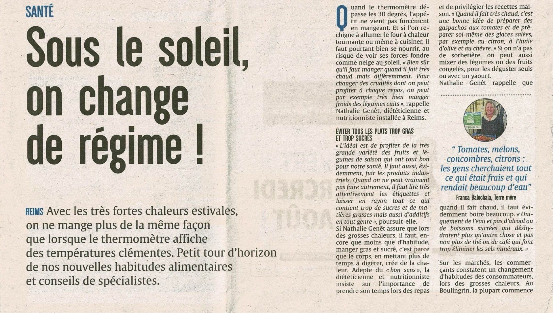 A newspaper article titled sous le soleil on change de regime