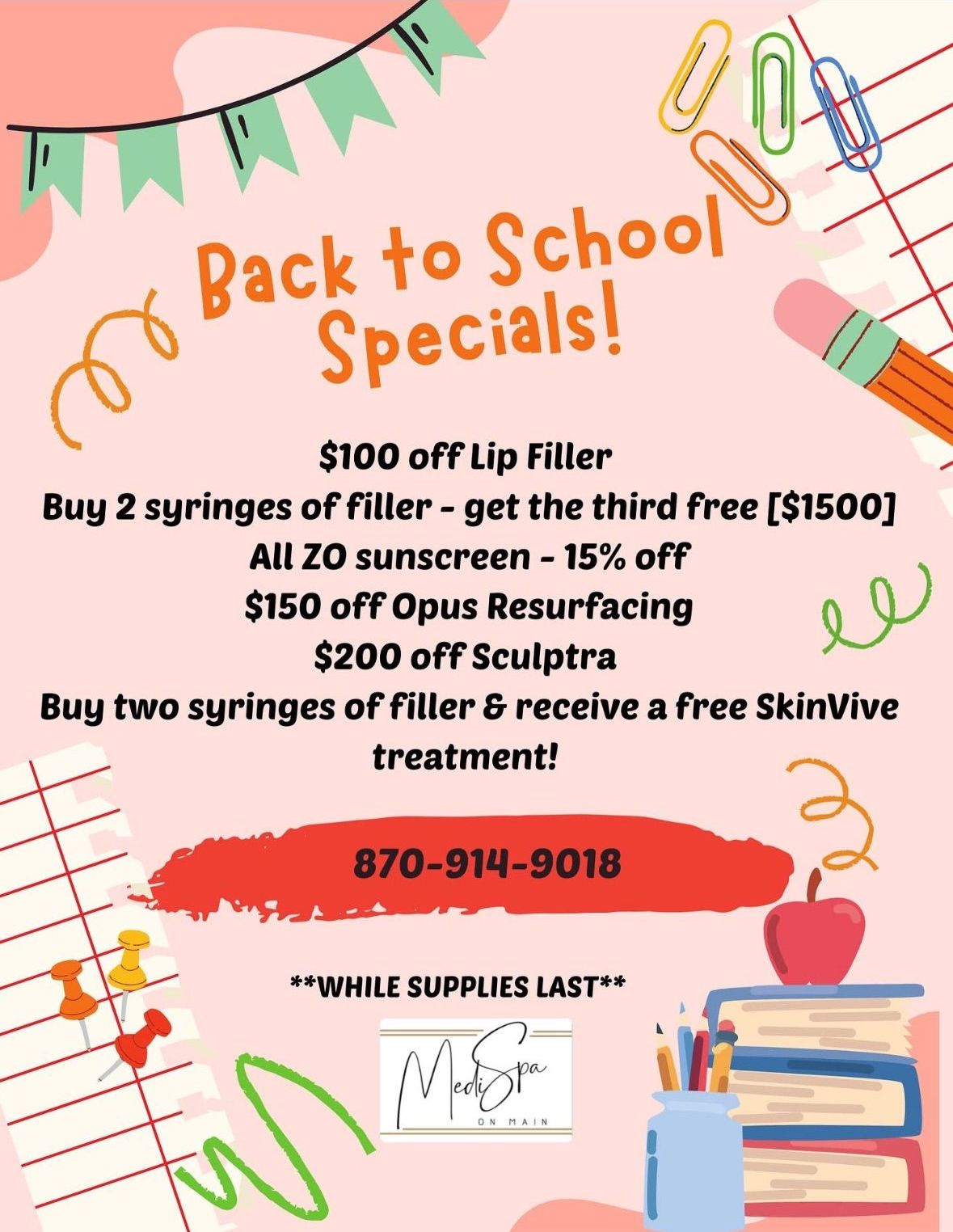 Flyer for current specials offered at MediSpa on Main.