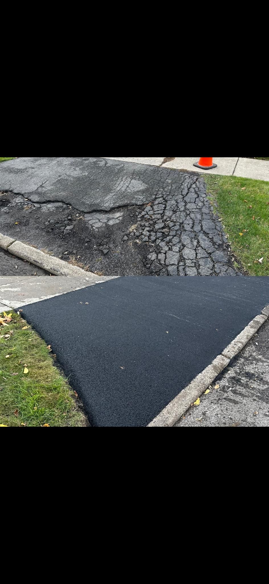 A sidewalk is being paved with black asphalt.