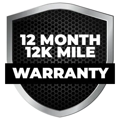 Black shield badge with white text: “12 MONTH 12K MILE WARRANTY”