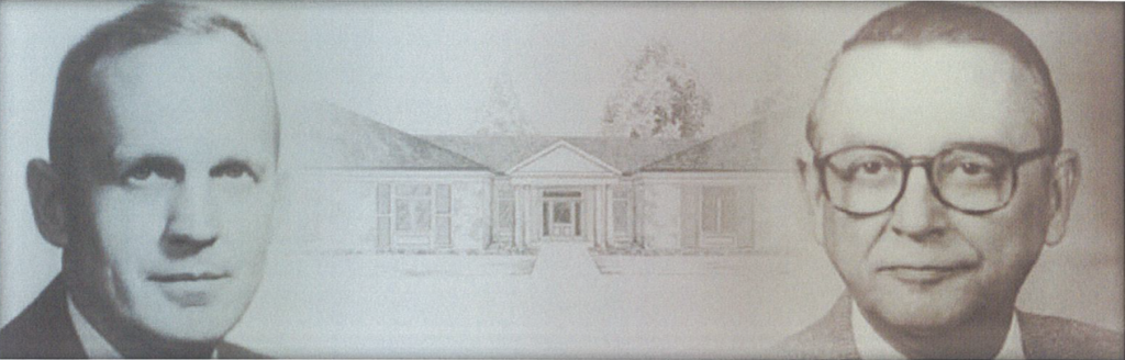 Two men flank a central sketch of a building with a gabled entrance in this sepia-toned composite.