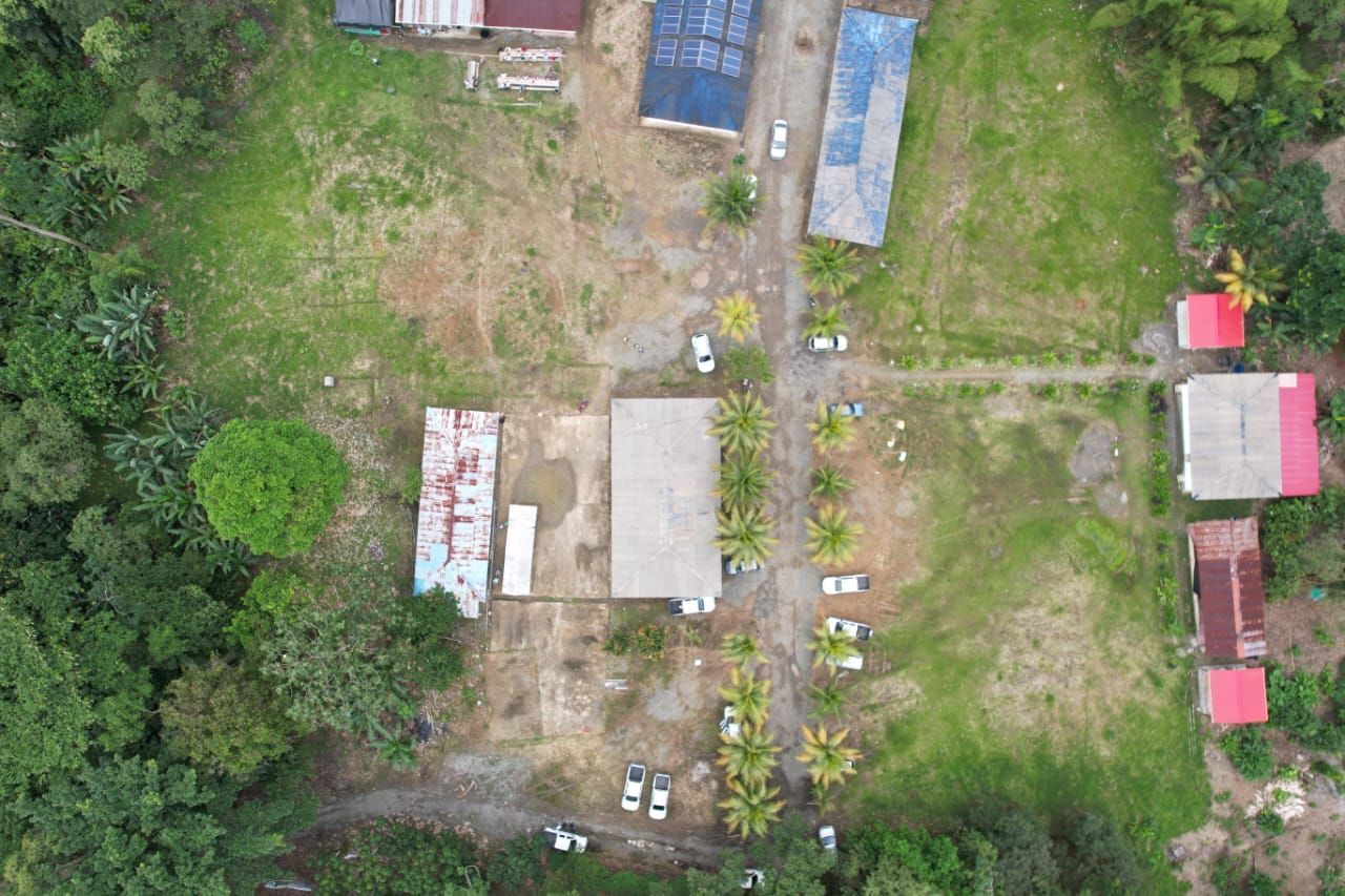 Vista aérea de un claro con edificios y un camino de tierra, rodeado de follaje verde.
