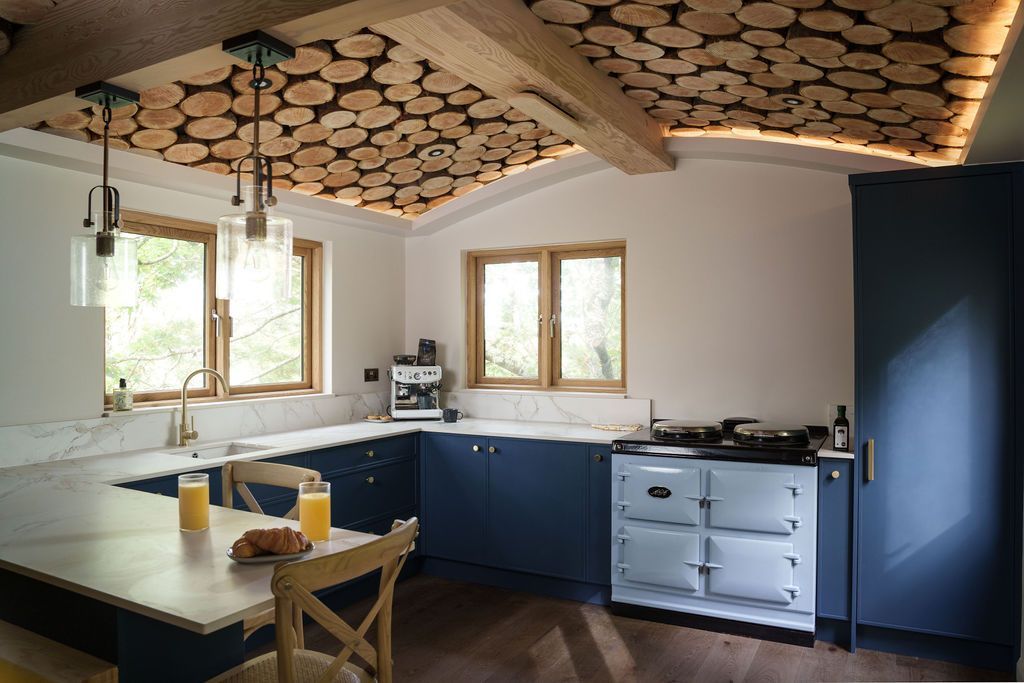 A High end kitchen, made by hand, extremely well crafted in a micro shaker style in blue