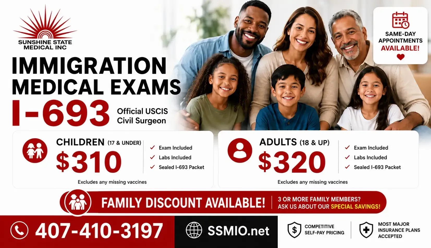 Immigration medical exams ad with smiling family, pricing for children and adults, and contact info on a red-and-white banner