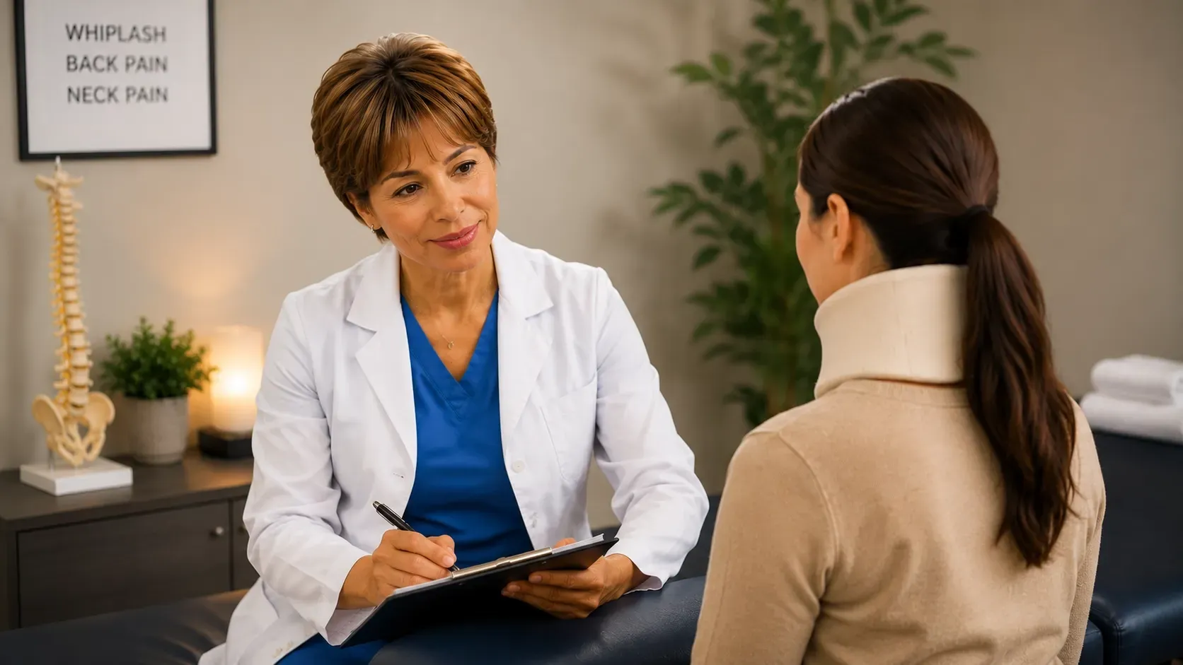 Doctor speaking with a patient in a clinic office, with a model spine and plan board nearby.