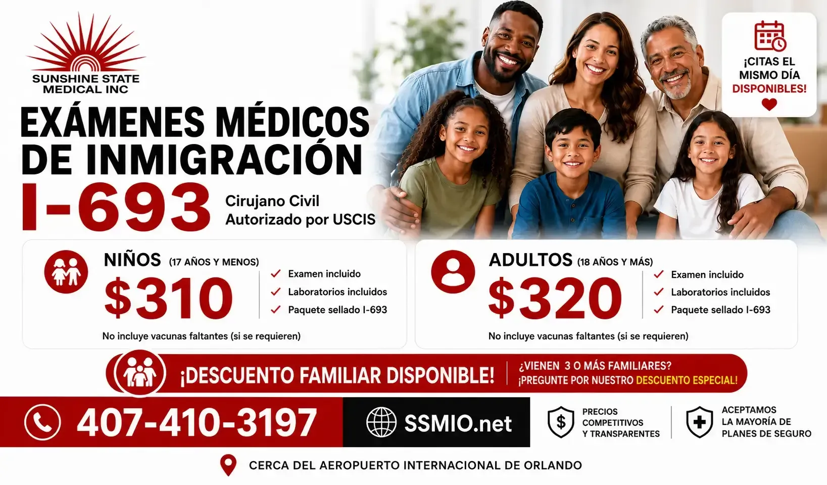 Spanish ad for immigration medical exams, with smiling family photo, prices, and a phone number on a red-white banner.