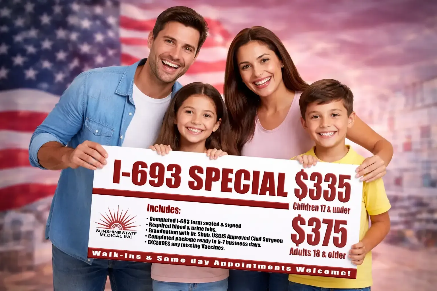 An advertisement for immigration medical exams starting at $335, expiring June 30, 2026, at Sunshine State Medical, Inc.