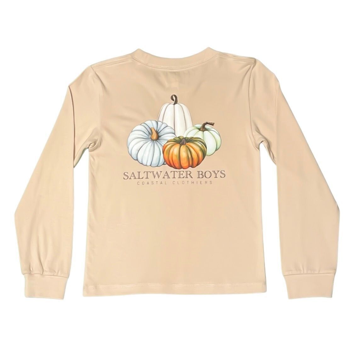 Tan long-sleeved shirt with a watercolor illustration of four pumpkins. The shirt has