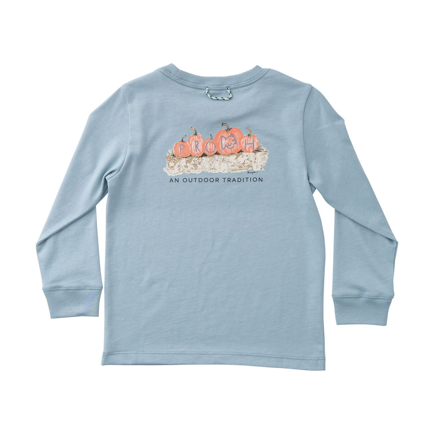 Blue long-sleeved shirt with pumpkins and text