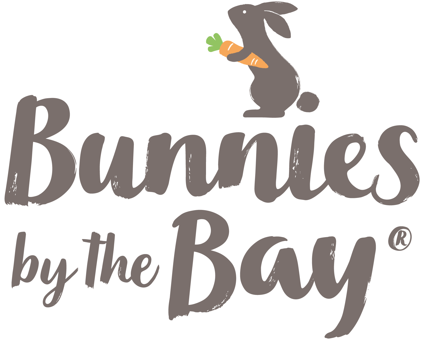 A logo for bunnies by the bay with a bunny holding a carrot.