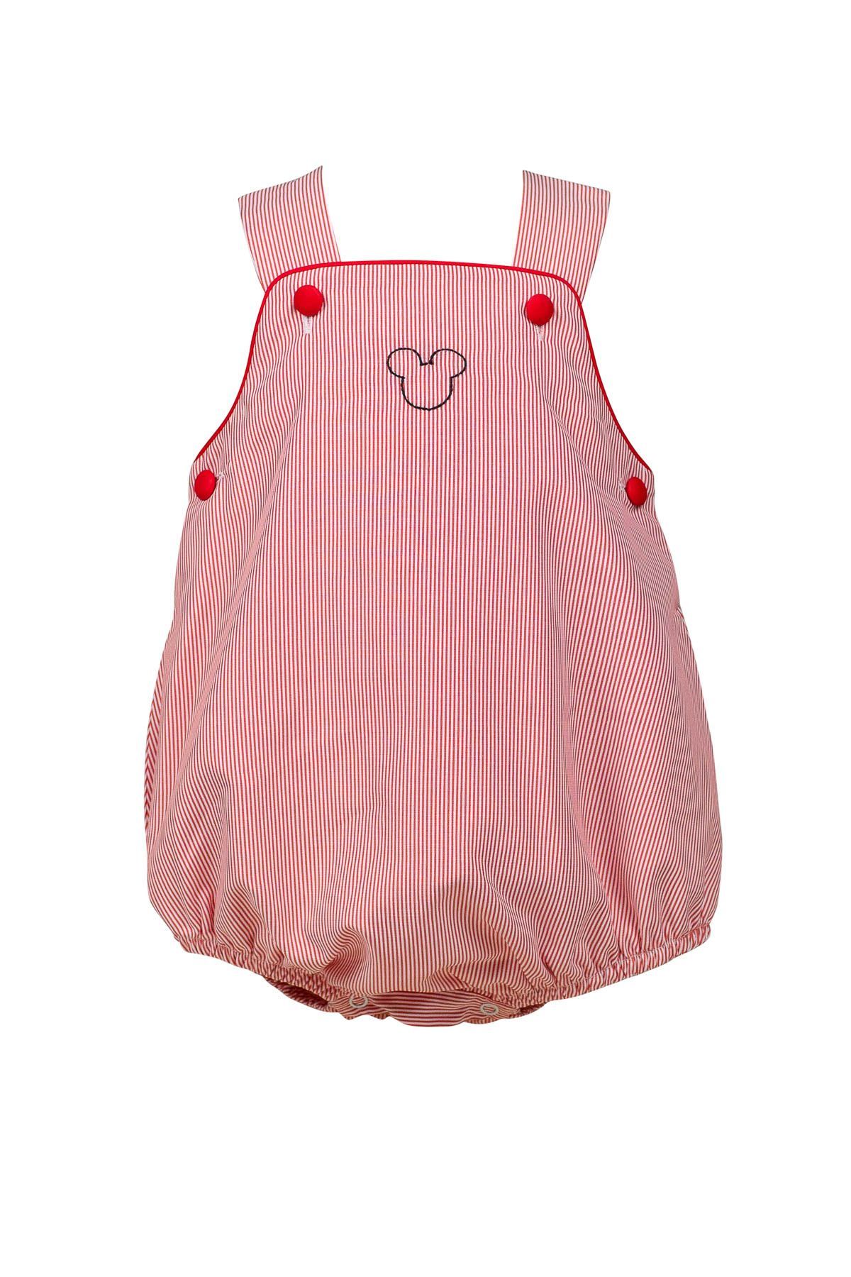 A red and white striped baby romper with a mickey mouse embroidered on the front.