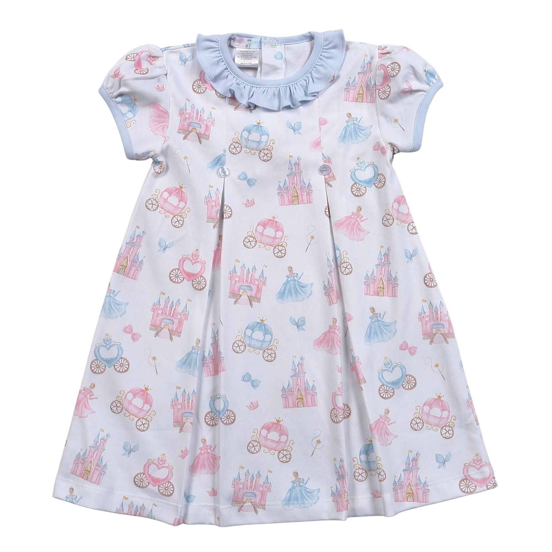 A white dress with a blue collar and a pattern of castles and carriage