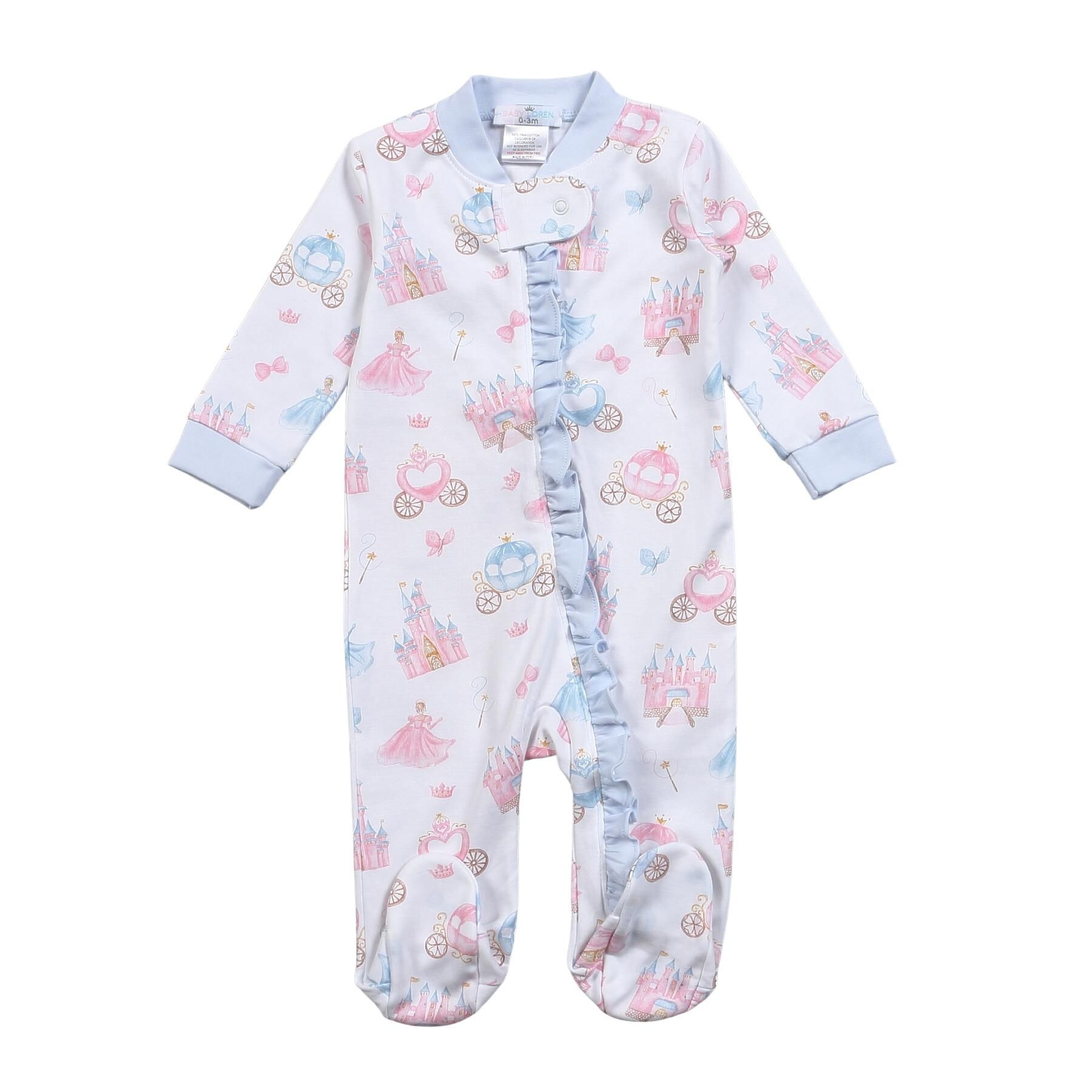 A baby onesie with a princess print on it