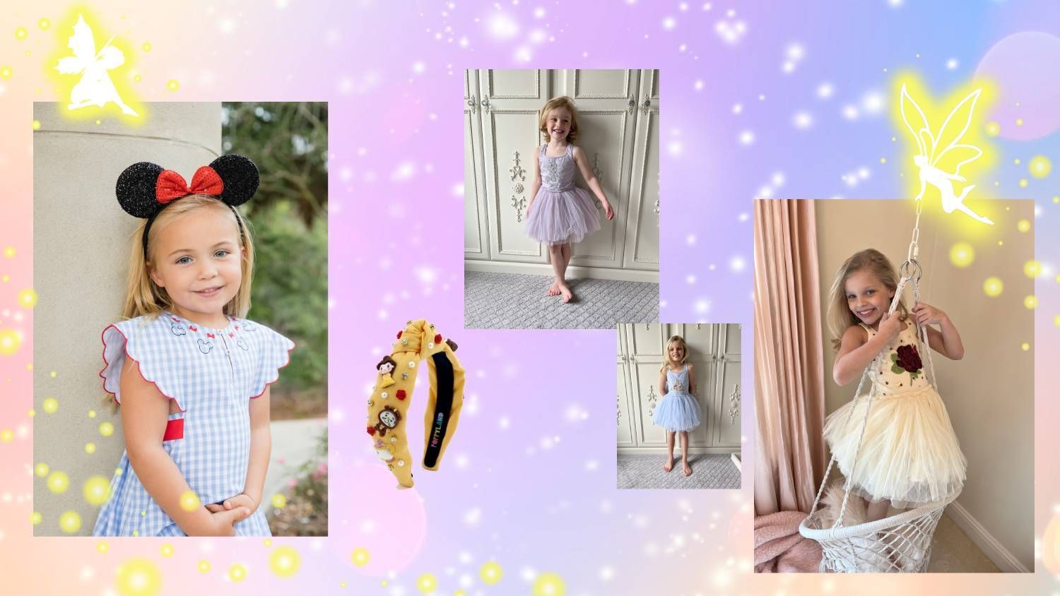 A collage of three pictures of a little girl wearing different dresses and headbands.