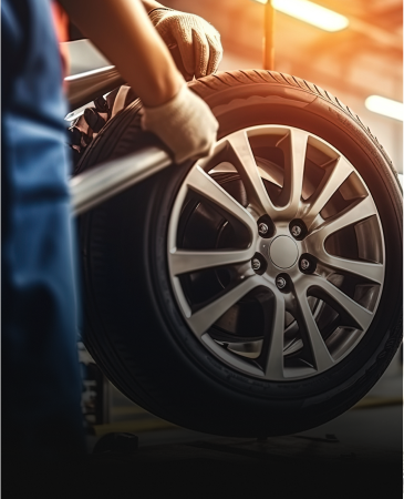 Mechanic balancing a car tire in a garage; wearing gloves.