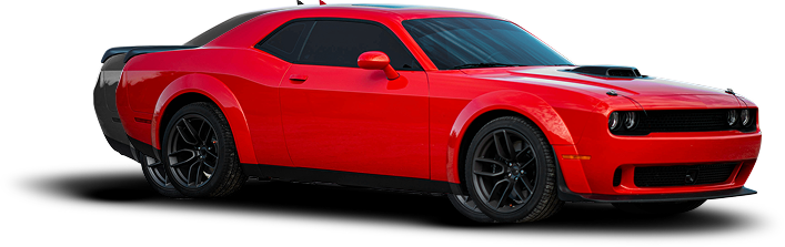 Red Dodge Challenger with black wheels.