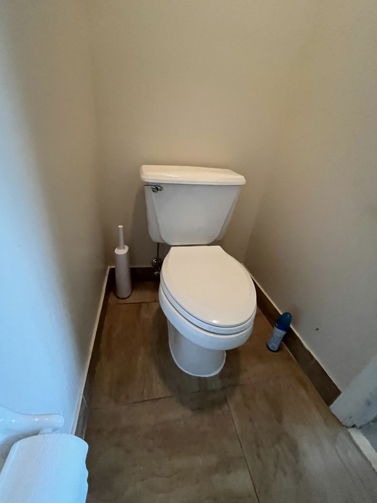 A white toilet is sitting in a small bathroom next to a toilet brush.