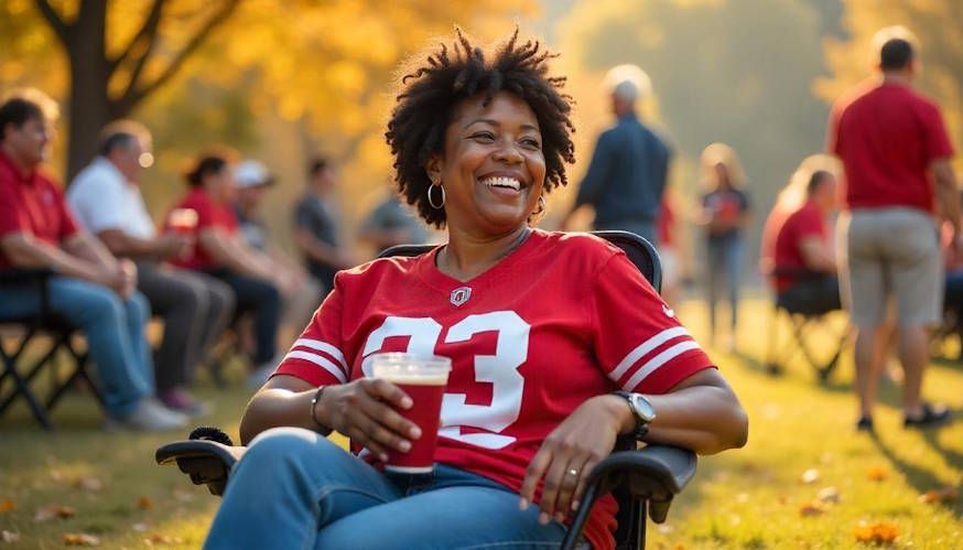 45 year old woman enjoying time with her friends at an OSU tailgate after getting hypnotherapy relief for her back pain