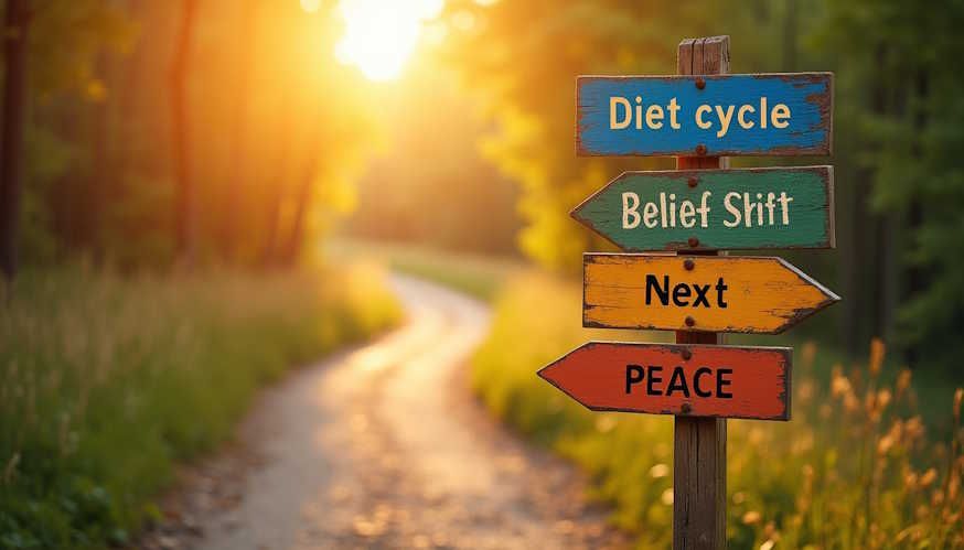 A Diet Cycle Sign with Belief Shift Sign Followed by Peace sign