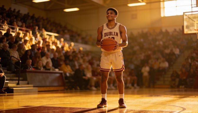 A basketball player at the free throw line in a packed Dublin Ohio gym ball in hand