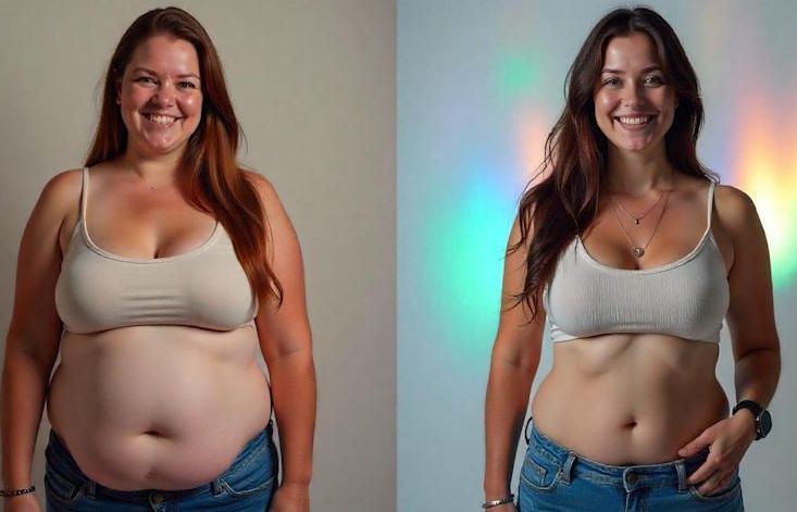 A before and after photo of a Columbus OH woman 's weight loss progress with hypnotherapy