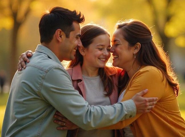 a loving family hugging in a park having fun together