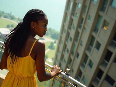 African American woman standing on her balcony in Columbus Ohio trying to get over her fear of heights