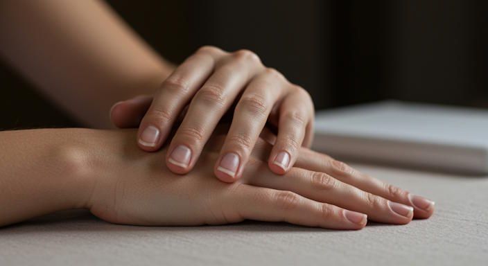Close-up of Columbus womans relaxed hands resting calmly during session with her short manicured nails