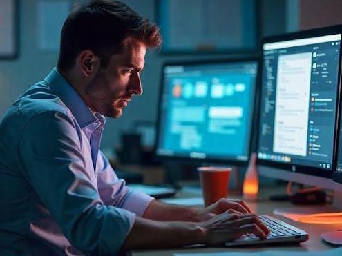 Columbus OH man who is stressed out trying to get work completed on his computer to hit a tight deadline