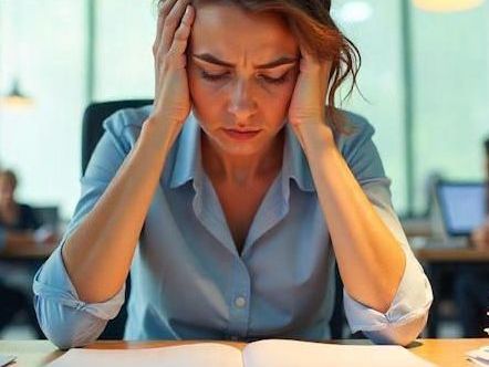 Columbus OH woman stressed out at work sitting at her desk with her computer