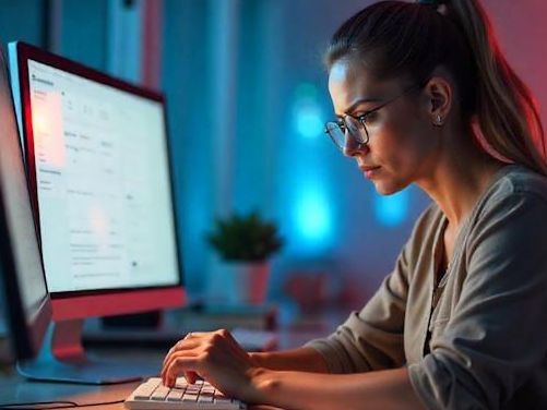 Columbus OH woman stressed out working long hours at her desk to complete an extraordinary amount of work
