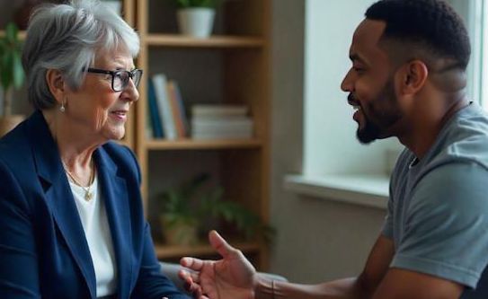 Columbus hypnotherapist sitting down talking with her client to help him with ADHD