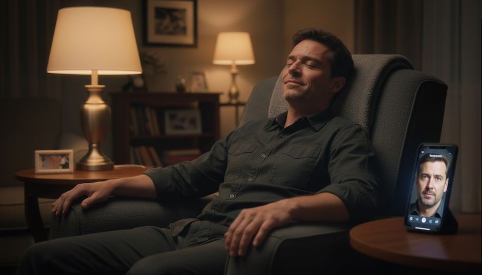 Columbus man in a remote hypnosis session with his hypnotist on his smartphone next to him