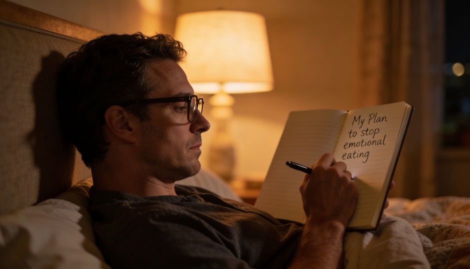 Columbus man in glasses writing down his plan to stop emotional eating in his journal