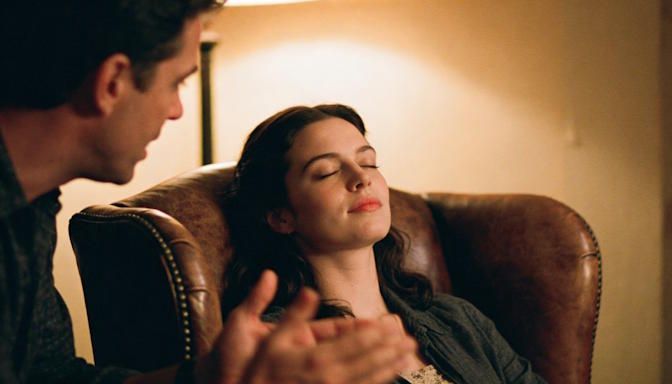 Columbus man speaking to a woman sitting back comfortably in a leather armchair with her eyes closed