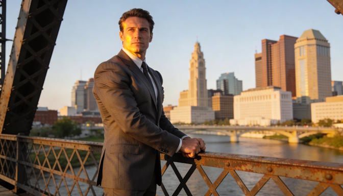 Columbus man standing tall on Scioto-area bridge overlook, empowered stance, strong city skyline backdrop