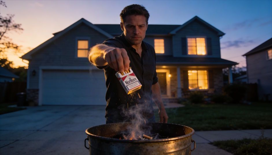 Columbus man throwing a full cigarette pack into a metal bucket burning them in his driveway