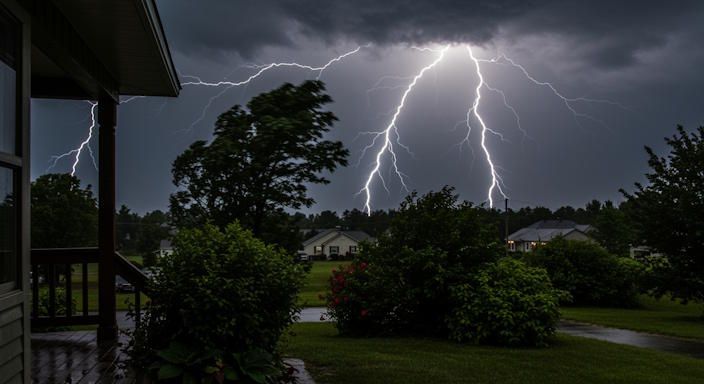 Columbus thunderstorm with lightning and wind-lashed trees and shrubs heavy rain pouring down