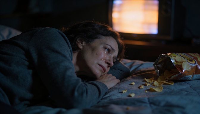 Columbus woman crying lying on her bed in bedroom TV glow crumbs and open chip bag nearby