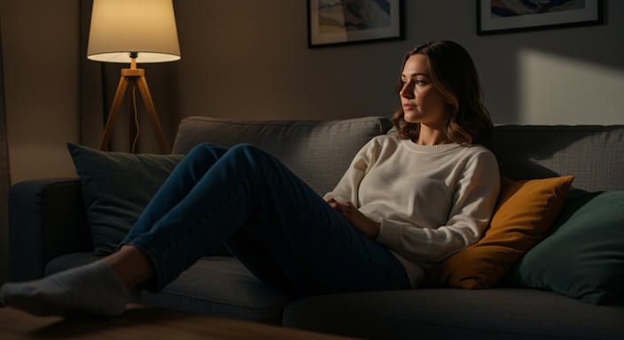 Columbus woman sitting on her couch relaxed in her serene living room