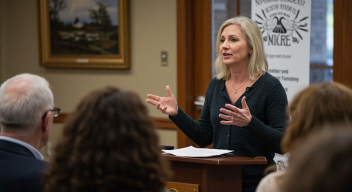 Columbus woman speaker addressing neighborhood gathering in Upper Arlington community center