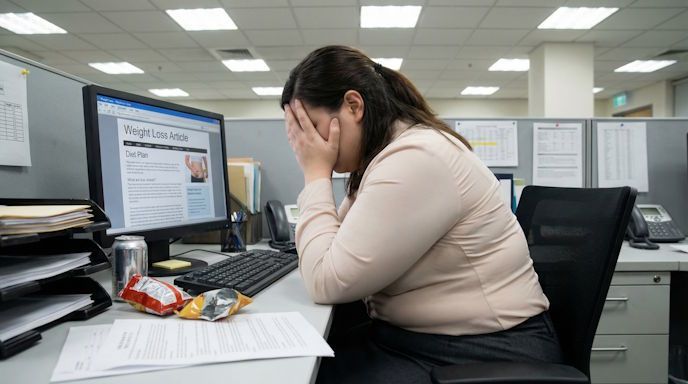 Columbus woman struggling with weight gain sitting at her desk at work frustrated and stressed out