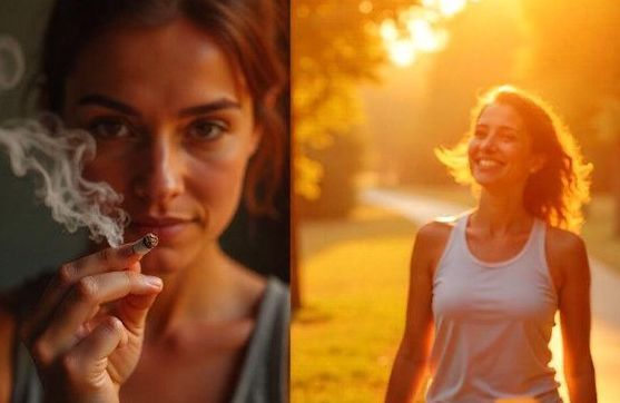 A woman is seeing herself in the present as a smoker and on the other side of the picture as a non-smoker