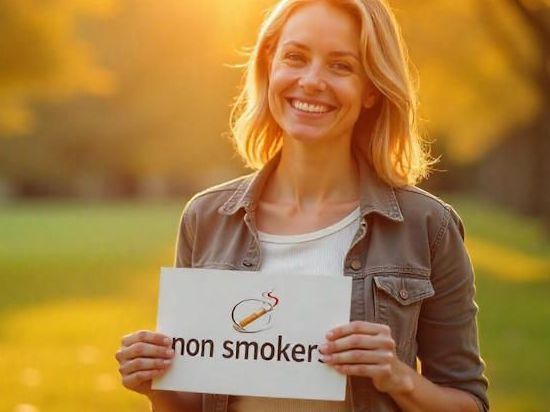 woman who quit smoking thanks to columbus hypnotherapy holding a sign that says non-smoker smiling with pride