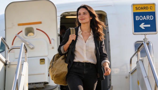 Confident Columbus woman boarding a plane serene expression canvas carry-on bag boarding at John Glenn International airport