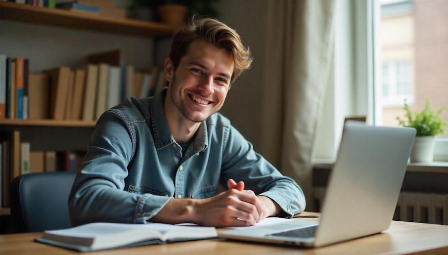 David, a college student, is nail biting case study and he's sitting at a desk in front of a laptop computer.