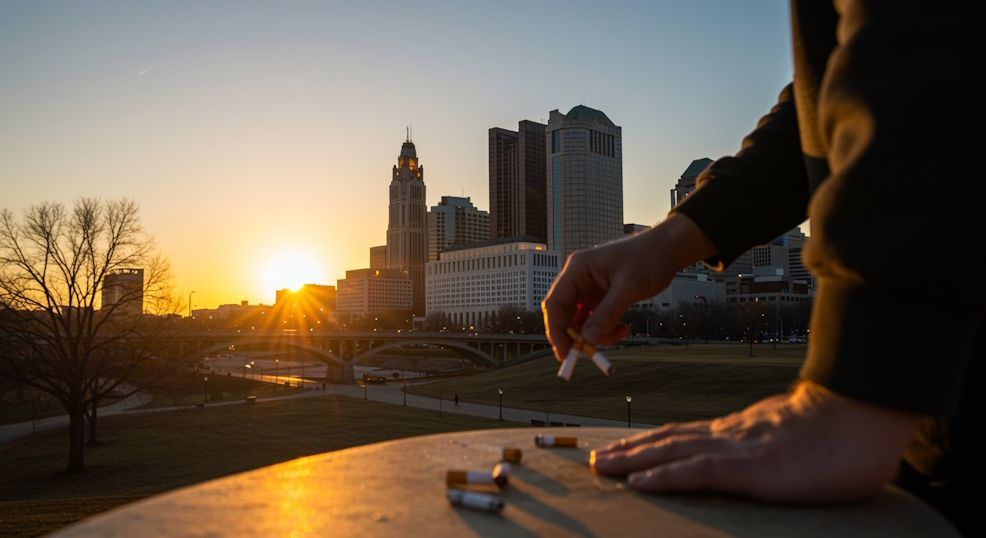 Downtown Columbus skyline at sunrise person discarding cigarettes hopeful mood warm golden light gentle lens flare
